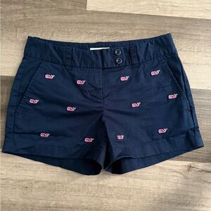 Vineyard Vines Navy High-Waist Shorts with Pink Whale Embroidery